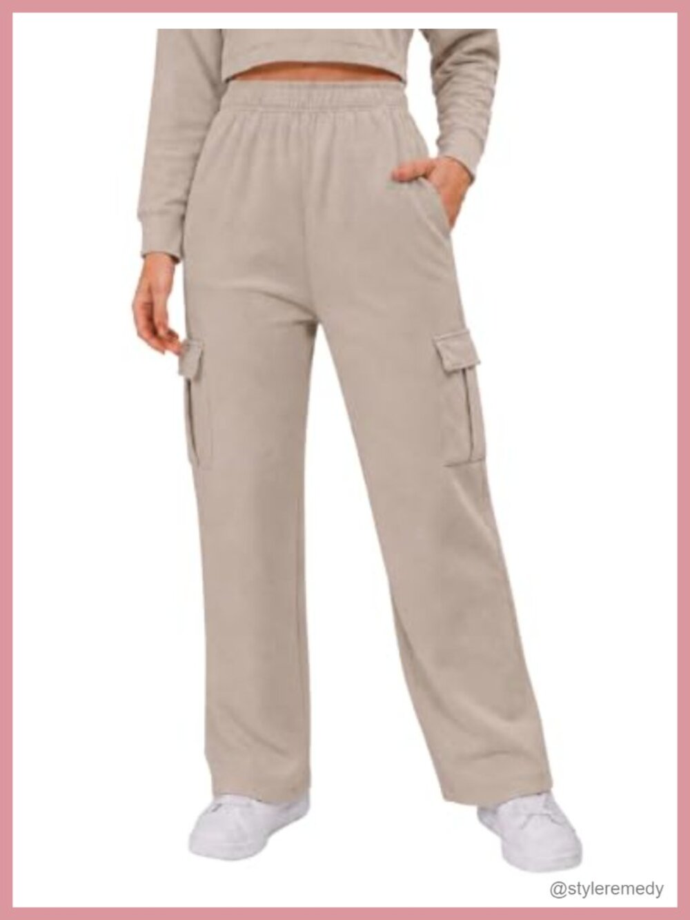 Wide Leg Sweatpants Women Fleece Cargo Pants 4 Pockets High Waist Drawstring